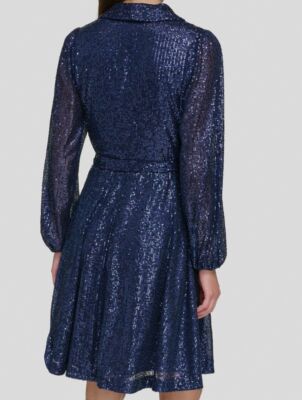 dkny sequin wrap dress DKNY Women's Sequin Balloon-Sleeve Wrap Dress - Navy