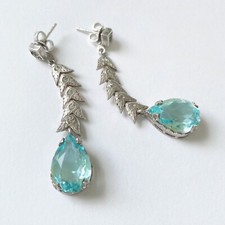Handcrafted Sterling Silver Mermaid Fish Tail Drop Earrings w Aqua Blue Crystals