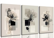 3Pcs Modern Abstract Floral Canvas Wall Art Minimalist Neutral Beige And Blac...