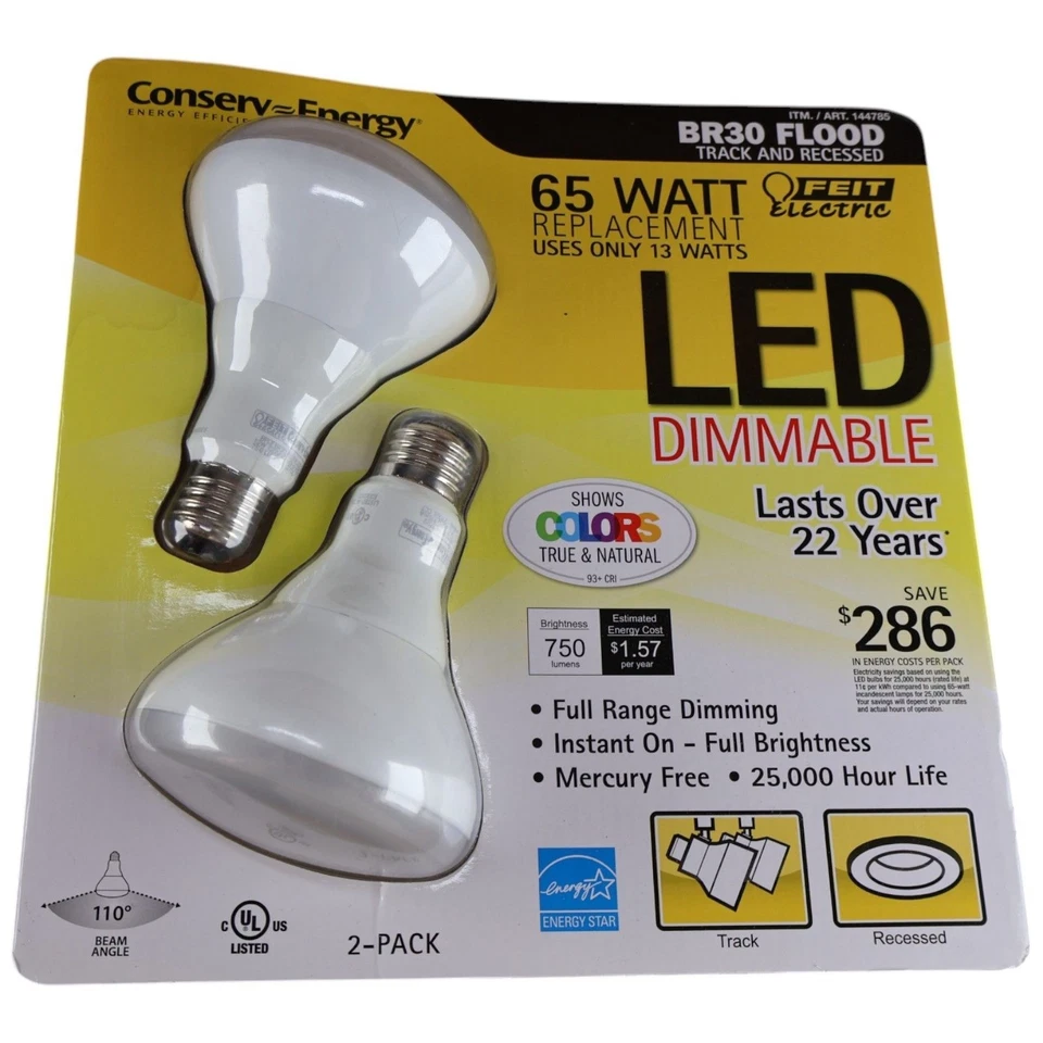 Feit Electric BR30DM 65W Replacement LED Flood Bulbs 2 Pack of 2 Dimmable 2700K - Image 2 of 3