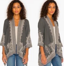 Johnny Was JW Los Angeles Boho Gray Linen Floral Embroidery Kimono Size Small