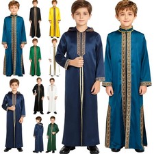 Muslim Kids Boys Robe Thobe Abaya Embroidered Dress Ramadan Loose Dubai Kaftan