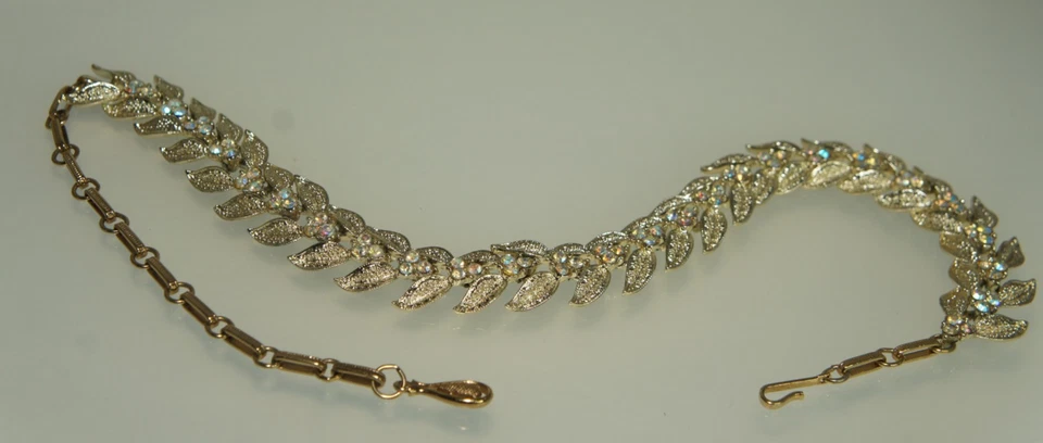 CORO Vintage Gold Tone Hinged Leaf Aurora Borealis Crystal Stone Choker Necklace - Image 2 of 4