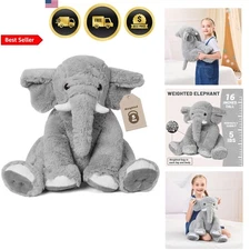 Weighted Elephant Plushie Cuddly Pillow for Kids Adults 16 Inch Gray 5 Lb