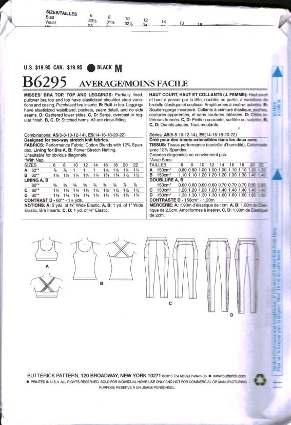 6295 UNCUT Butterick Sewing Pattern Misses Bra Top Leggings Sportswear Exercise - Image 2 of 2