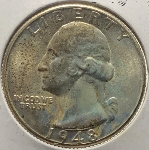 1948-D Silver Washington Quarter Gold & Blue Toner. Nice Coin