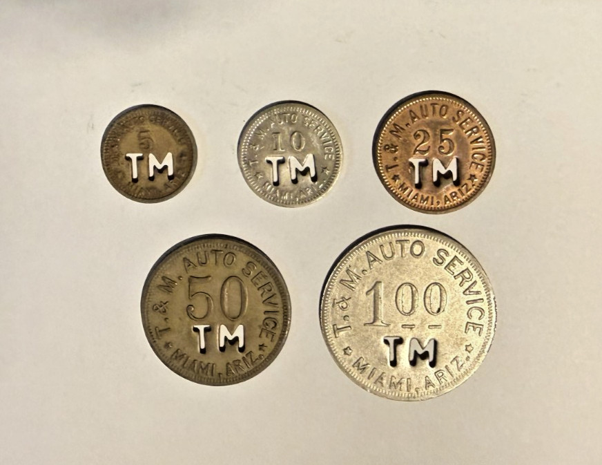 MIAMI, ARIZONA COMPLETE SET OF 5 T&M AUTO SERVICE TOKENS (5c,10c, 25c, 50c, & 1)