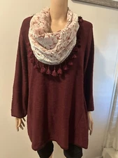 Style Co Womens Plus Sweater Velvet Scarf Scarlet Wine 2-Piece Set Sz 1X