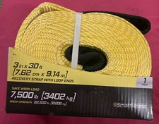 30’ ft. 3” 22,500 lbs. Recovery Tow Rope Strap Loop Ends Smartstraps Sling NEW