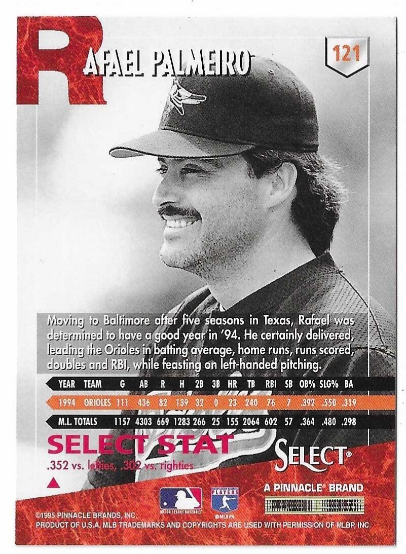 1995 Select Baseball Rafael Palmeiro Card #121 Baltimore Orioles