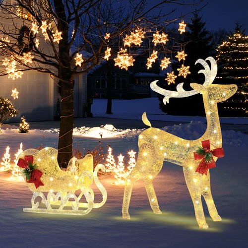 Lighted Christmas Reindeer & Sleigh, Outdoor & Indoor Decoration W/ 100 Lights