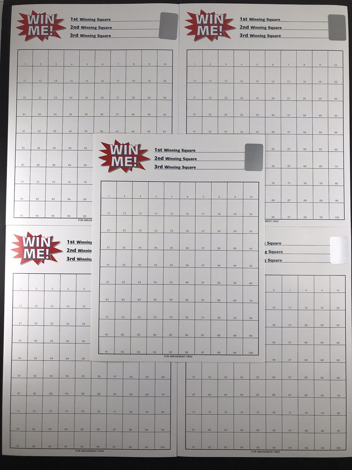 5 Ct 100 Square SCRATCH OFF Raffle Board 3 Winning Numbers Fund Raiser Gambling