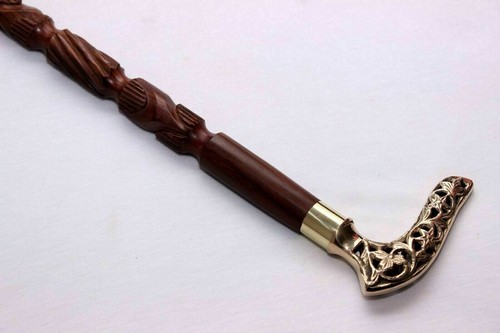 Antique Wooden Walking Stick Vintage Cane Handmade Designer Brass Head Handle - Picture 5 of 9