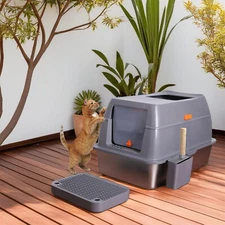 Enclosed Stainless Steel Cat Litter Box w/ Lid Extra Large for Big Cats Pan Tray