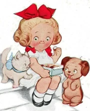 1911 Girl, Dog and Cat, vintage postcard, cute, Weiderseim, East Pepperell, MA