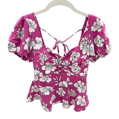 Francesca's Floral Puff Sleeve Peplum Top Size S Magenta Tie Back Blouse