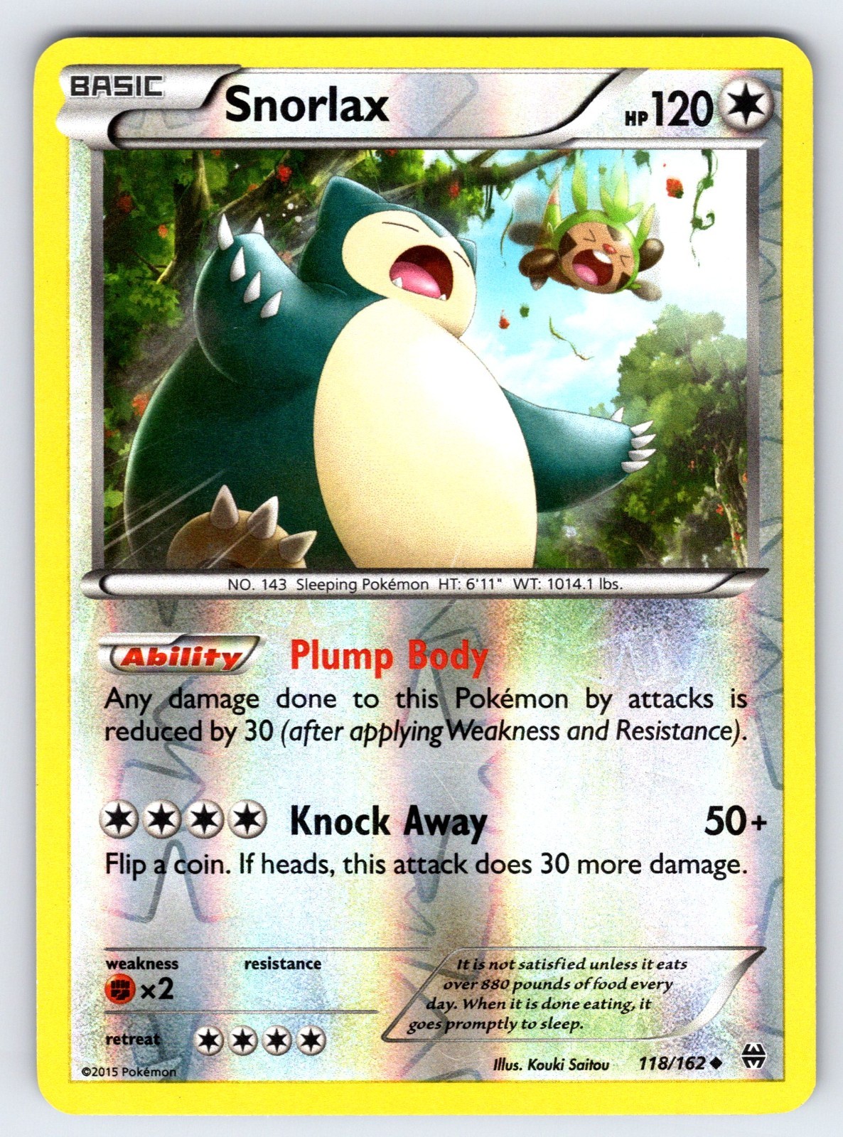 Snorlax 118/162 2015 XY Breakthrough Pokemon Card TCG Reverse Holo - Nm/Vlp
