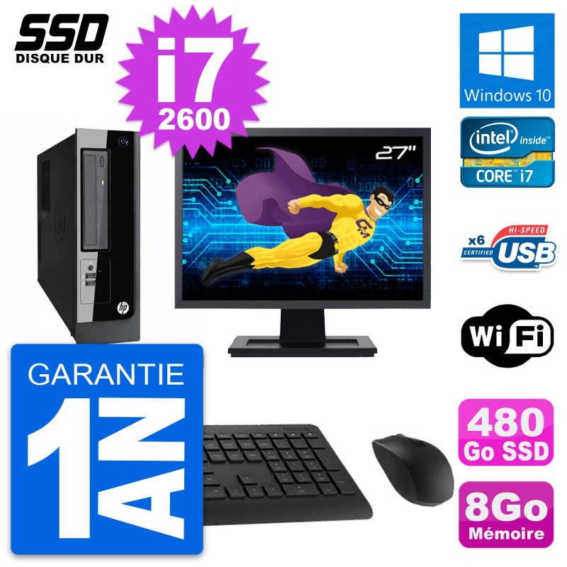 PC HP Pro 3300 SFF Ecran 27" Intel i7-2600 RAM 8Go SSD 480Go Windows 10 Wifi