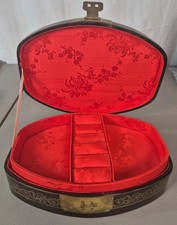 VTG Asian Jewelry Box Black Lacquer Faux Mother Of Pearl Overlay Satin Lined EUC