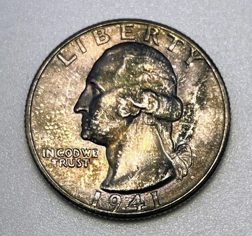 1941 Washington Silver Quarter AU UNC Toned Philadelphia Mint 90%