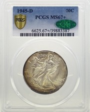1945-D Walking Liberty Half Dollar PCGS MS67+ CAC Beautiful Toning -Monster Coin