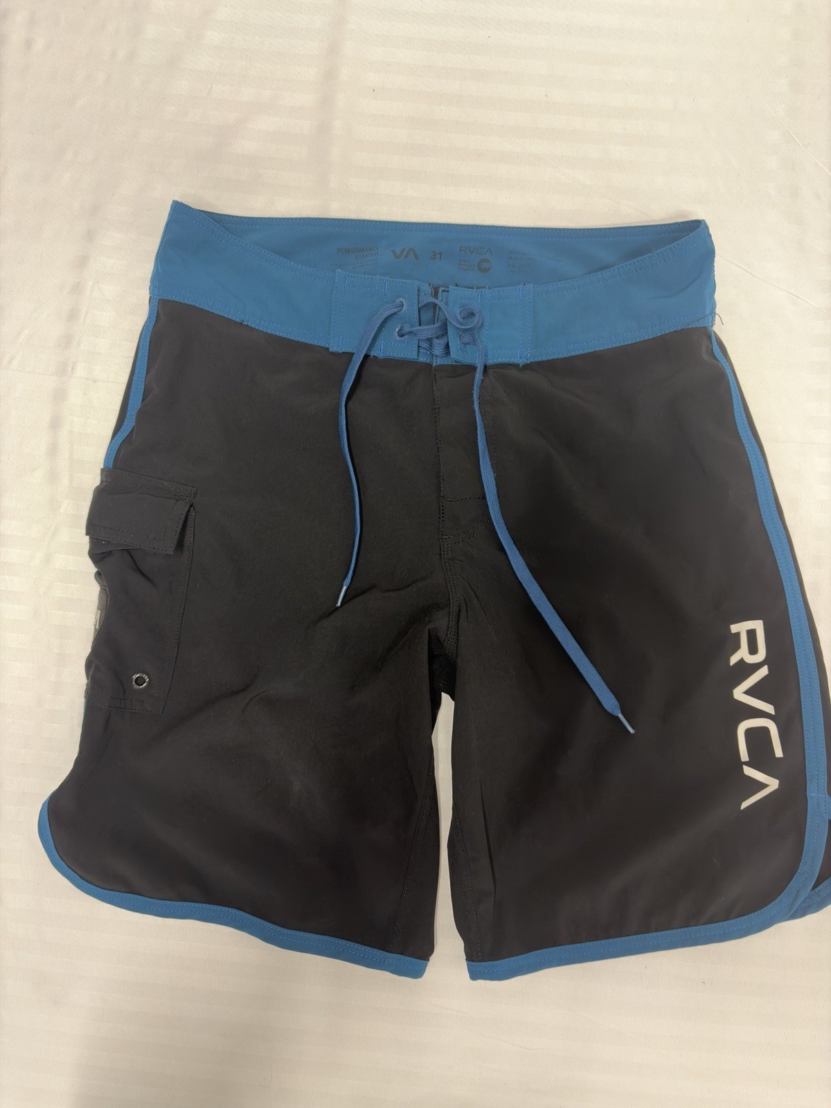 RVCA Board Shorts Mens 31 Swim Trunks Black Blue Drawstring Perform Stretch