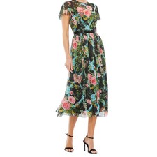 Mac Duggal Floral Illusion Midi Dress Cap Flutter Sleeves Size 10 NWT Elegant