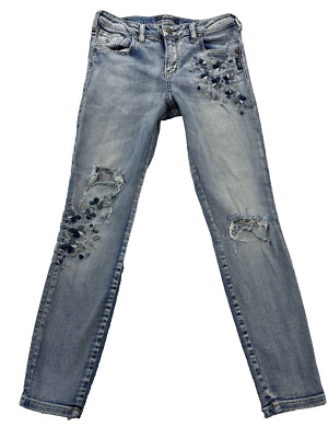 Silver Womens Jeans 28x27 Blue Izzy Ankle Skinny Denim Floral Distressed Boho￼