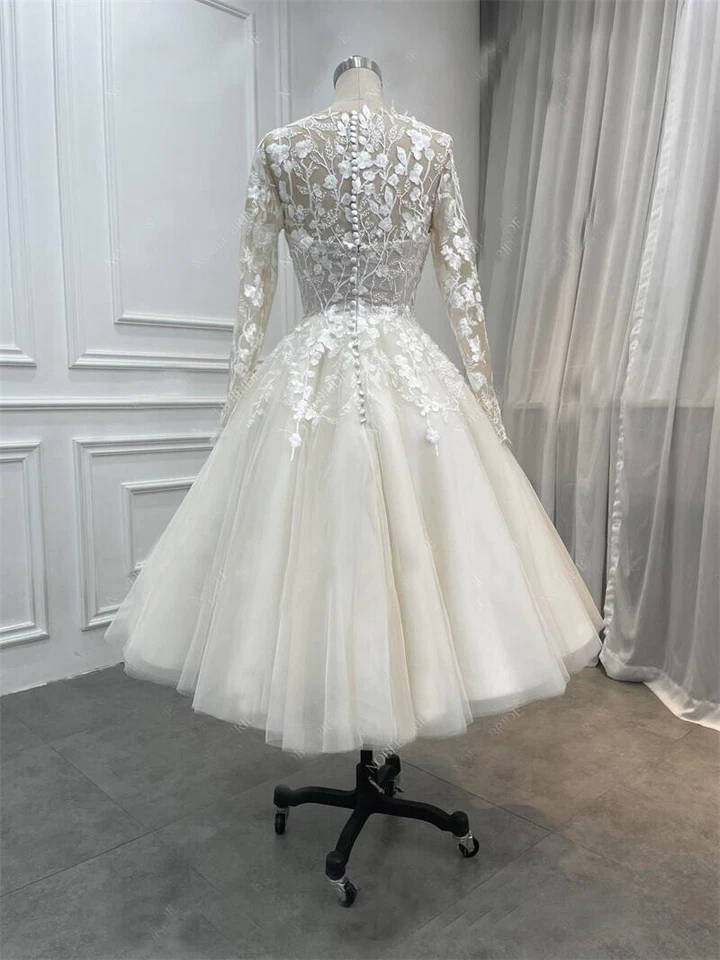 Elegant Lace Applique Wedding Dresses Long Sleeve Knee Length Bridal Gowns - Image 3 of 4