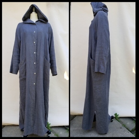 HTF Vtg JJill Tall M MT LINEN Hooded Lined Long Full Length Coat