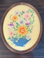 Vintage Handmade Cross Stitch Bouquet In A Blue Bowl, Oval Frame, 11" x 9"