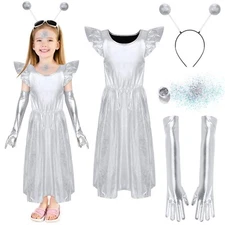 Didaey 4 Pcs Halloween Girls Alien Costume Set Shiny Metallic Twirl Dress 9794