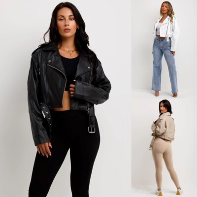 Women's Ladies Biker Faux Leather Jacket Cropped Short Belted Zip