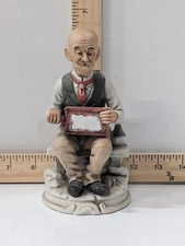 Vintage 1980 Homeco Figurine Ceramic Old Man with Music Box Sitting on Bench 
