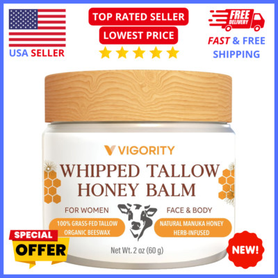 Beef Tallow & Honey Balm Organic Grass-Fed Whipped Tallow Moisturizer ,Unscented