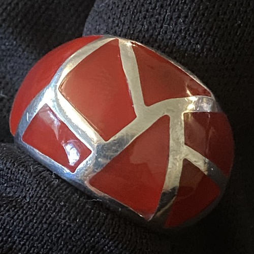 LARGE BEAUTIFUL ESTATE STERLING SILVER & RED JASPER INLAY BAND RING ...