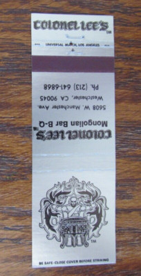 WESTCHESTER, CALIFORNIA MATCHBOOK COVER: COLONEL LEE'S MONGOLIAN BBQ MATCHCOVER