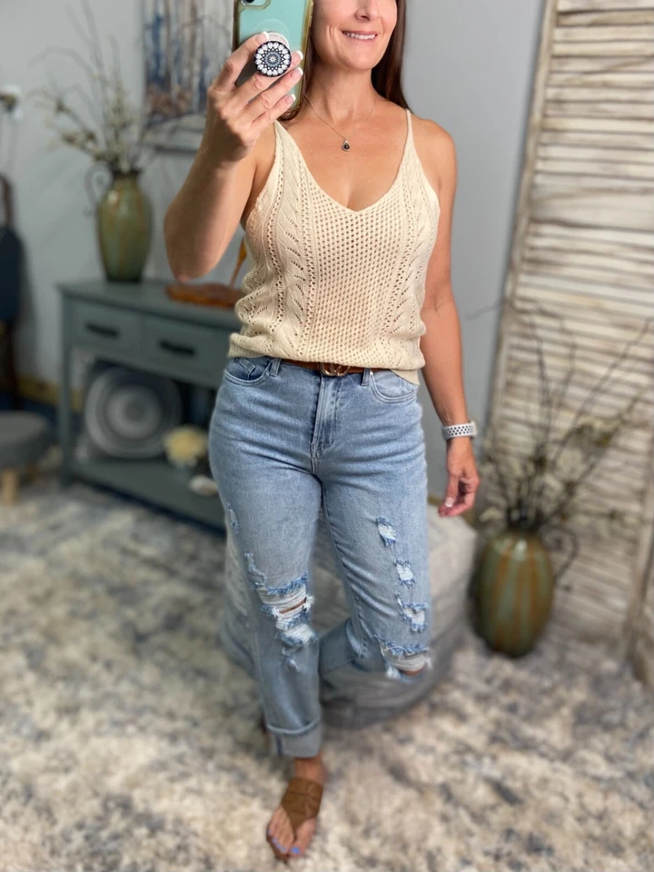 Risen High Rise Cuff Denim Distressed Stretch Jeans Denim Light Blue - Image 4 of 4