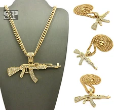 Gold Plated Alloy Cubic Zirconia AK47 Machine Gun Charm 24" Cuban Chain Necklace