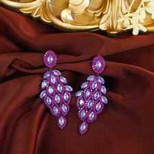 Leaf Drop Earrings Purple Black Gold Plated CZ Rose Red Cubic Zirconia for Women