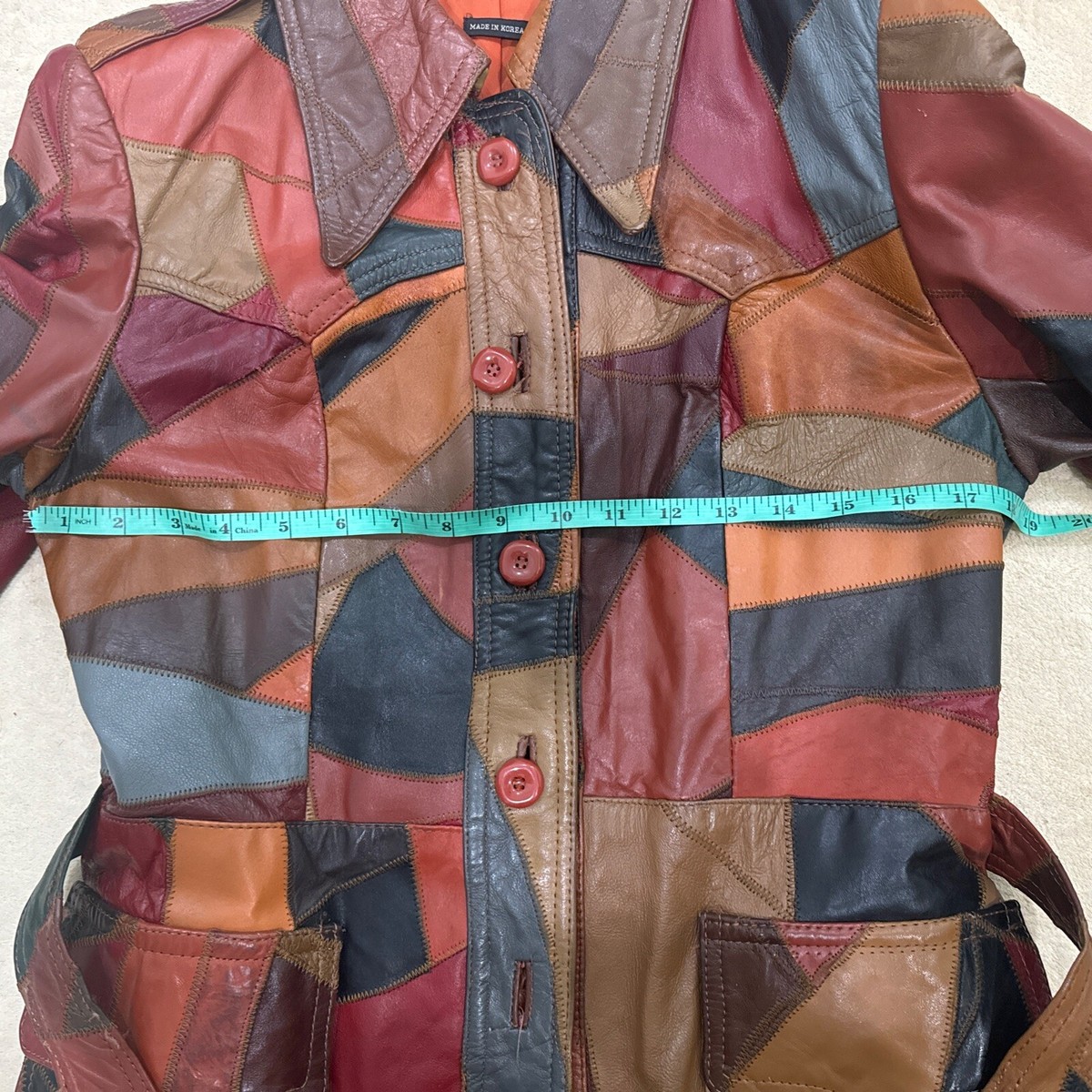 VINTAGE 1970s Leather Patchwork Jacket Womens 13-14 Fish VINTAGE 1970s Leather Patchwork Jacket Womens 13-14 Fish