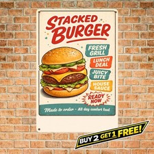Hand Drawn Stacked Hamburger Vintage Burger Restaurant Metal Tin Sign