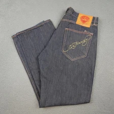 Ed Hardy Jeans Mens 38x34 Dark Wash Denim Straight Leg Embroidered Back Pocket