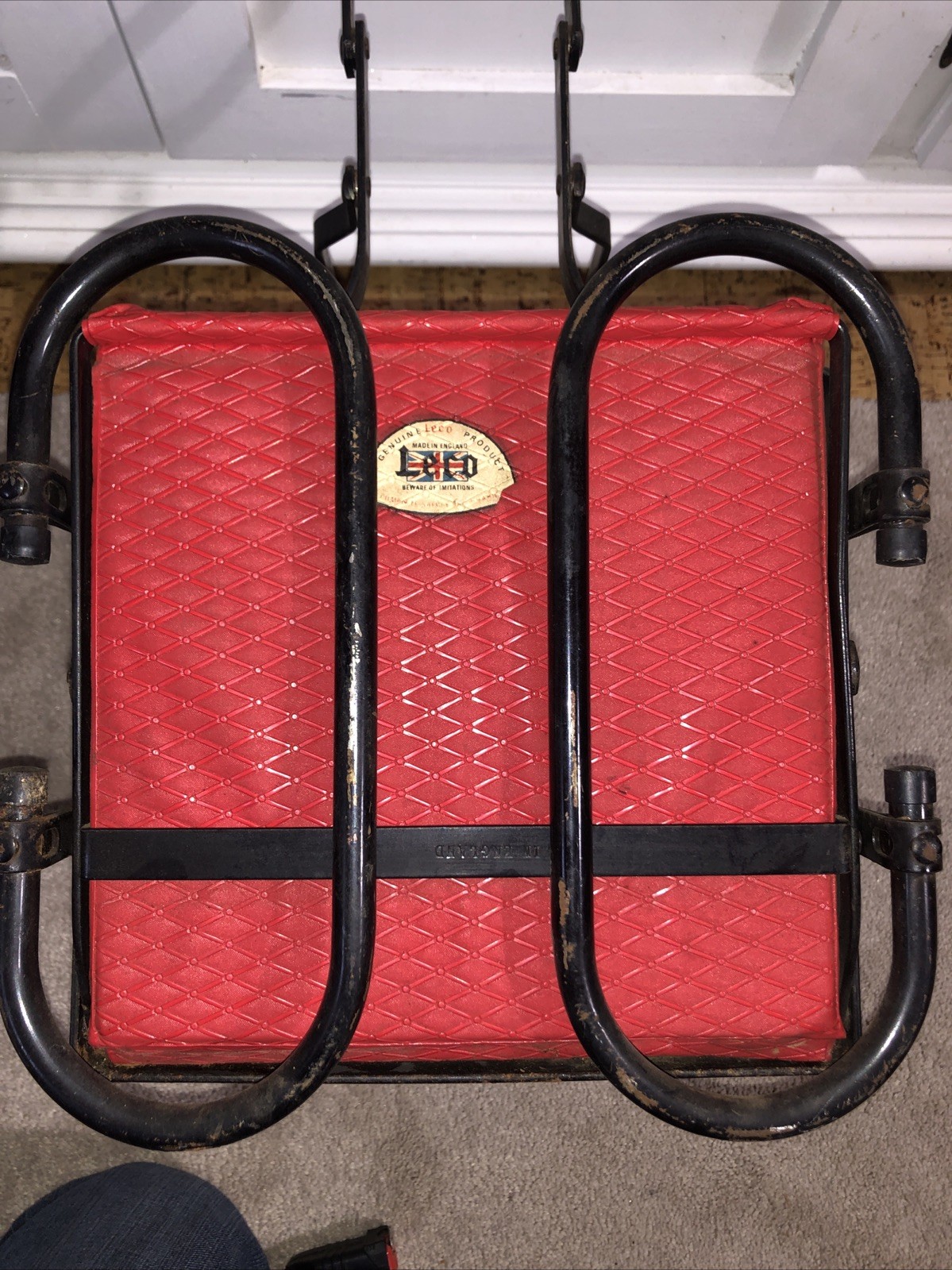 VTG Leco Children’s Bike Seat Rack Carrier Red Vinyl Black Metal Frame ENGLAND