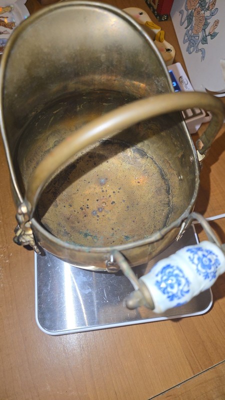 Decorative Brass Coal Scuttle with Blue White Ceramic Handle Vintage Style
