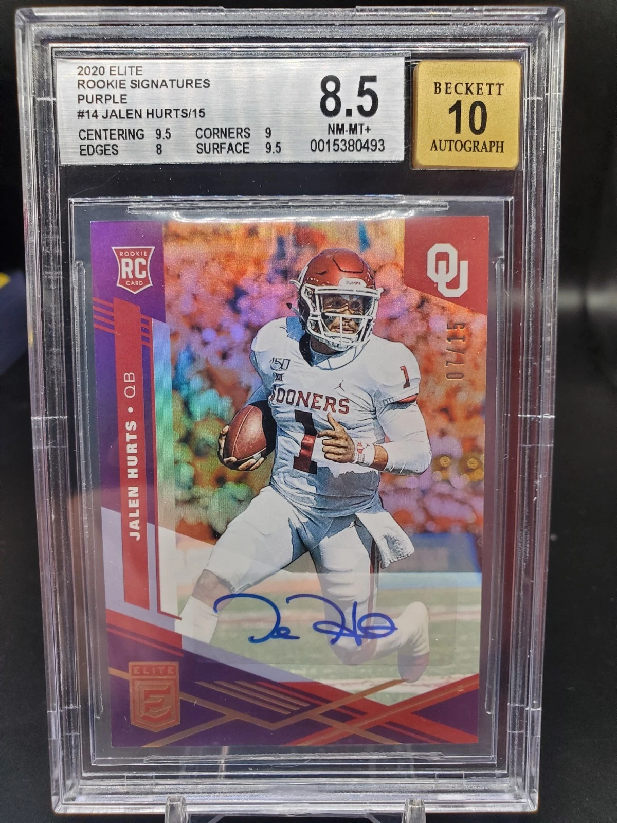 Jalen Hurts Panini Chronicles Draft Picks Elite Rookies #14 Signature-Purple