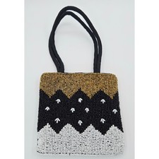 Hobby Lobby Beaded Mini Tote Handbag Gold Black White Chevron Evening Purse 5"