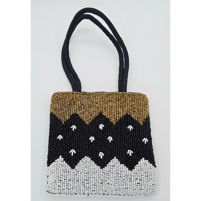 Hobby Lobby Beaded Mini Tote Handbag Gold Black White Chevron Evening Purse 5''