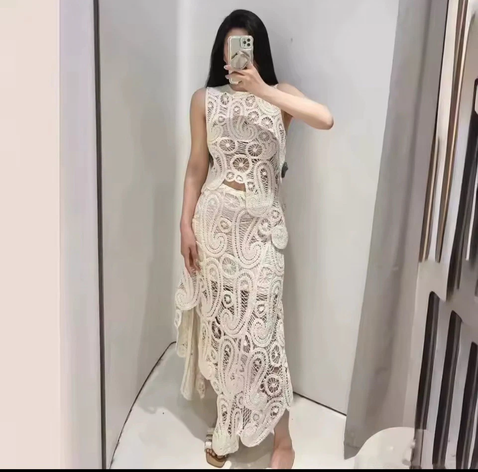 ZARA MUJER NUEVA FALDA CROCHET ASIMÉTRICA Y TOP A JUEGO TEJIDO PAJA TALLA XS Foto 3 de 4