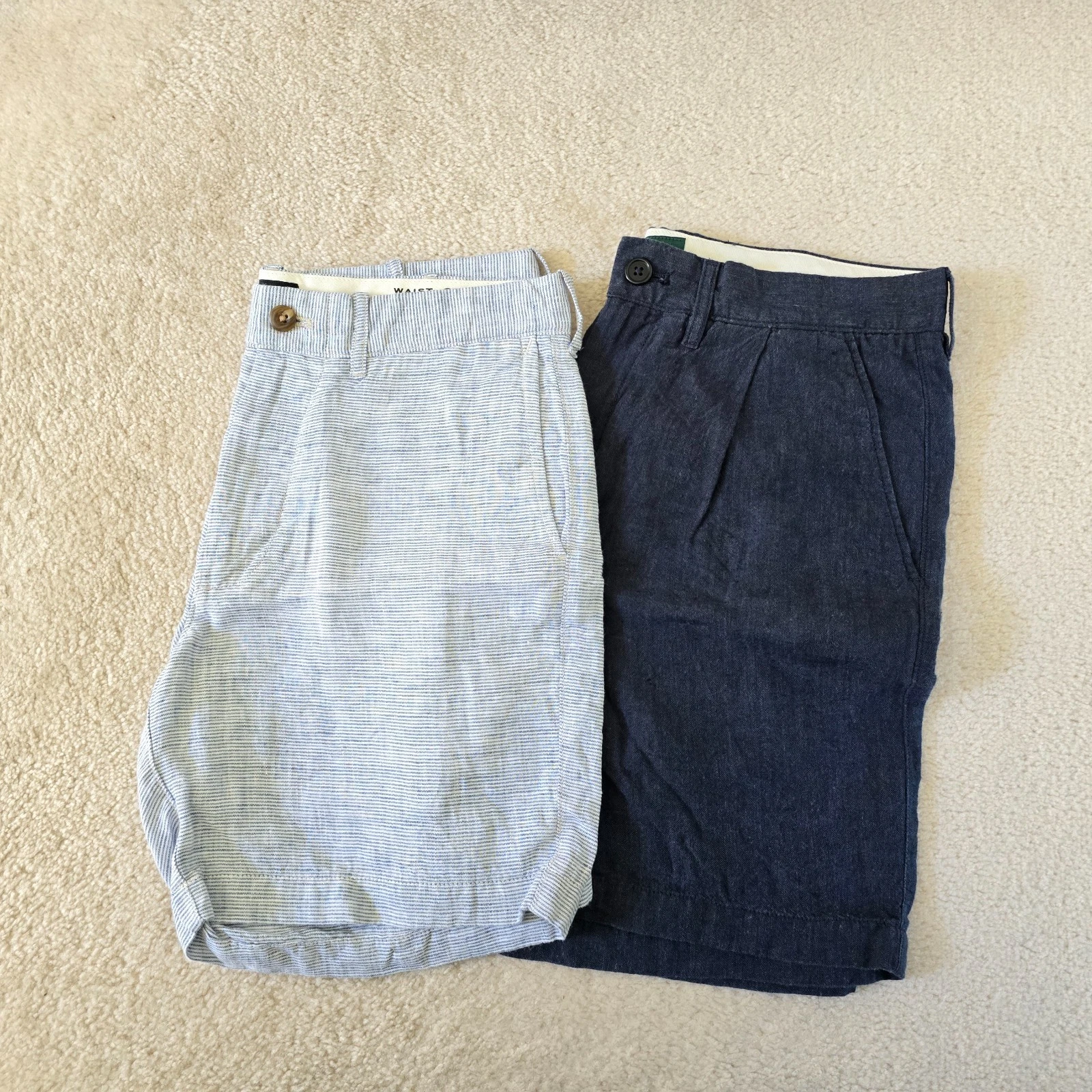 NWOT Lot of 2 J Crew Linen Shorts Size 29 Navy Blue Pleated White Striped